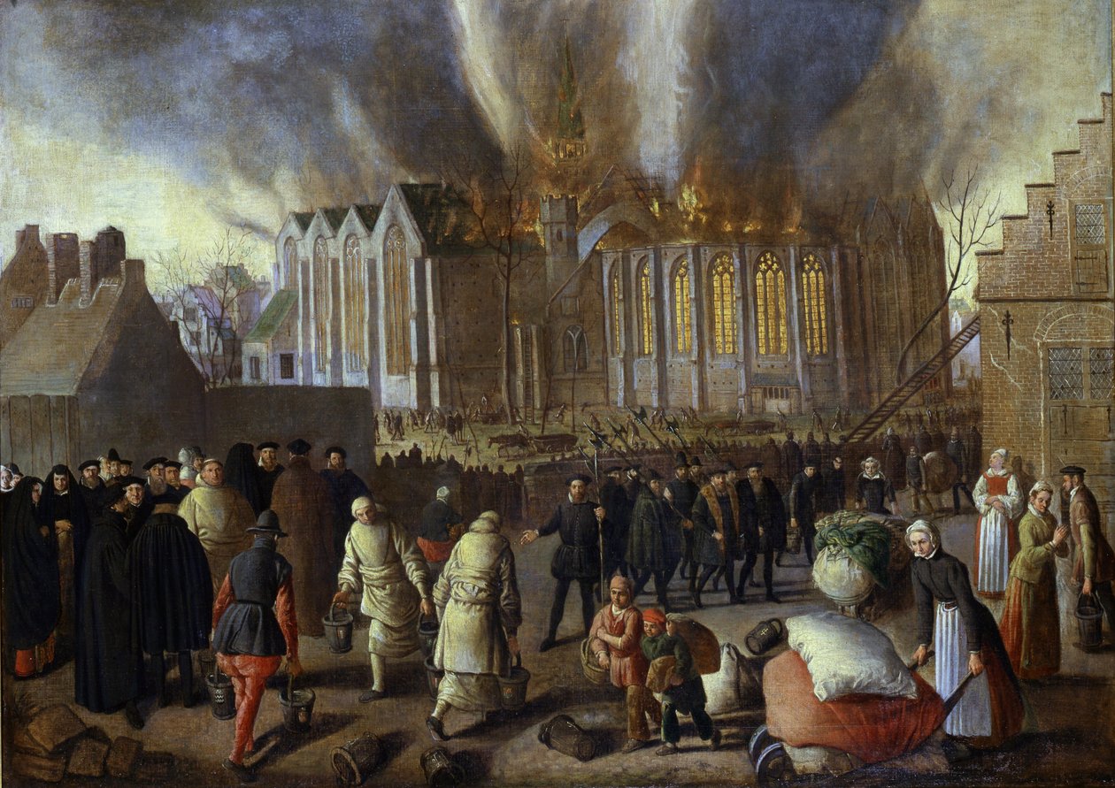 Nieuwkerk Dordrechtissa tulessa vuonna 1568 tekijältä Jan Doudijn
