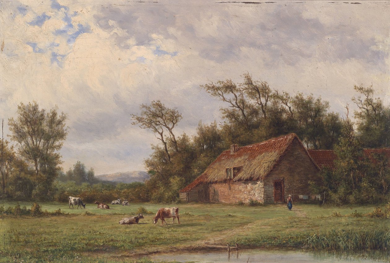 Landschaft mit Bauernhaus, Kühen und figürlicher Staffage tekijältä Jan Evert Morel