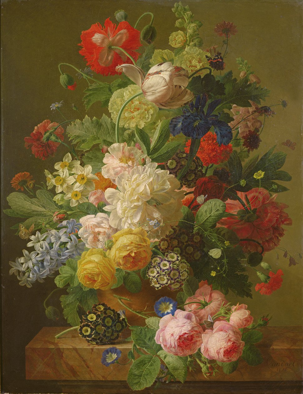 Kukkia maljakossa marmoripöydällä, 1816 tekijältä Jan Frans van Dael
