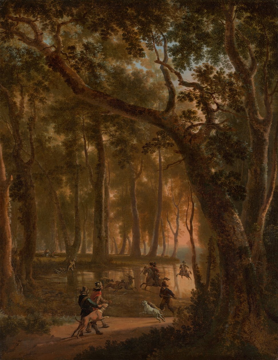 Hertenjacht in een bos tekijältä Jan Hackaert