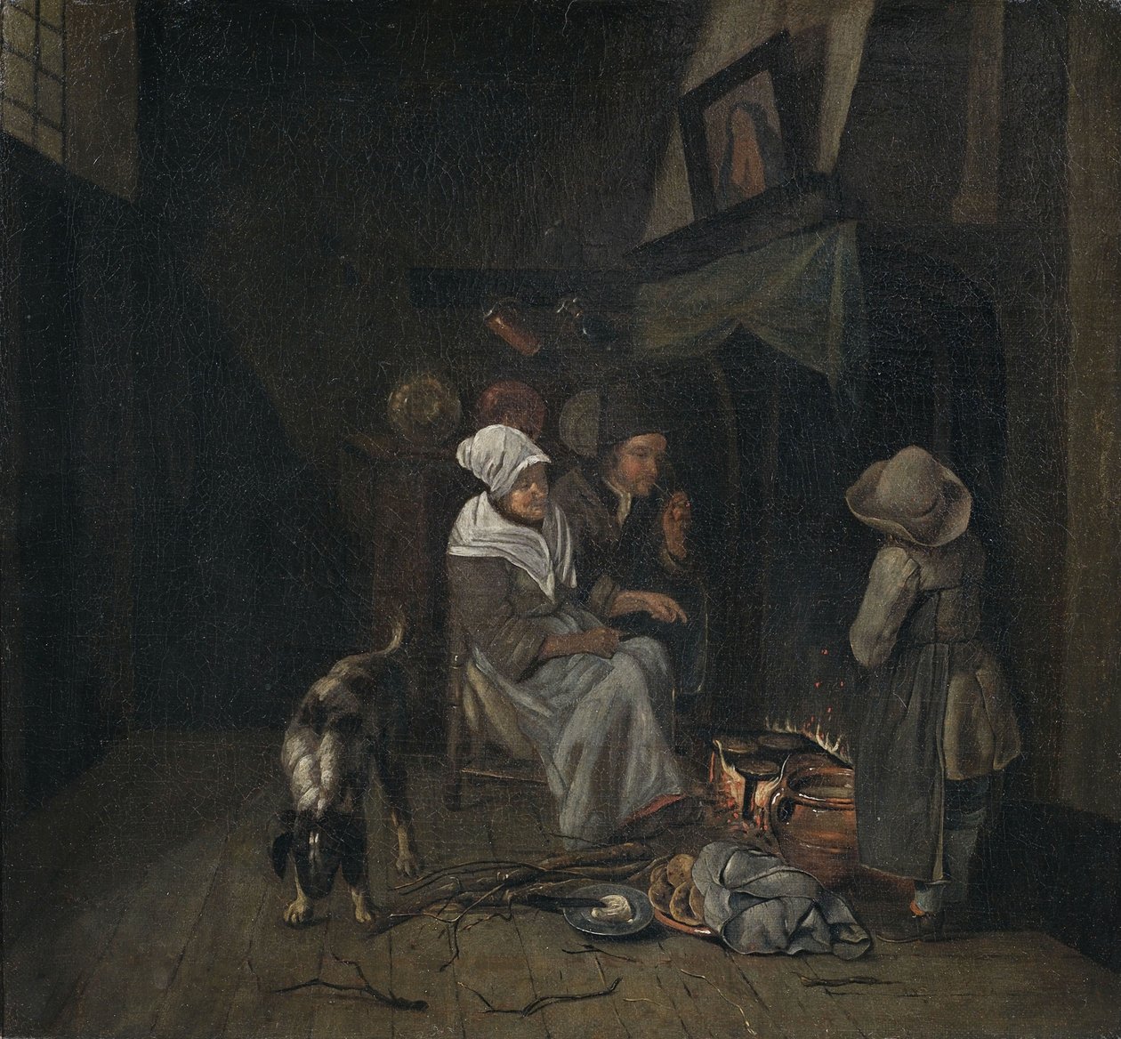 Kücheninterieur mit versammelter Familie beim Pfannkuchen backen. tekijältä Jan Josef the Elder Horemans