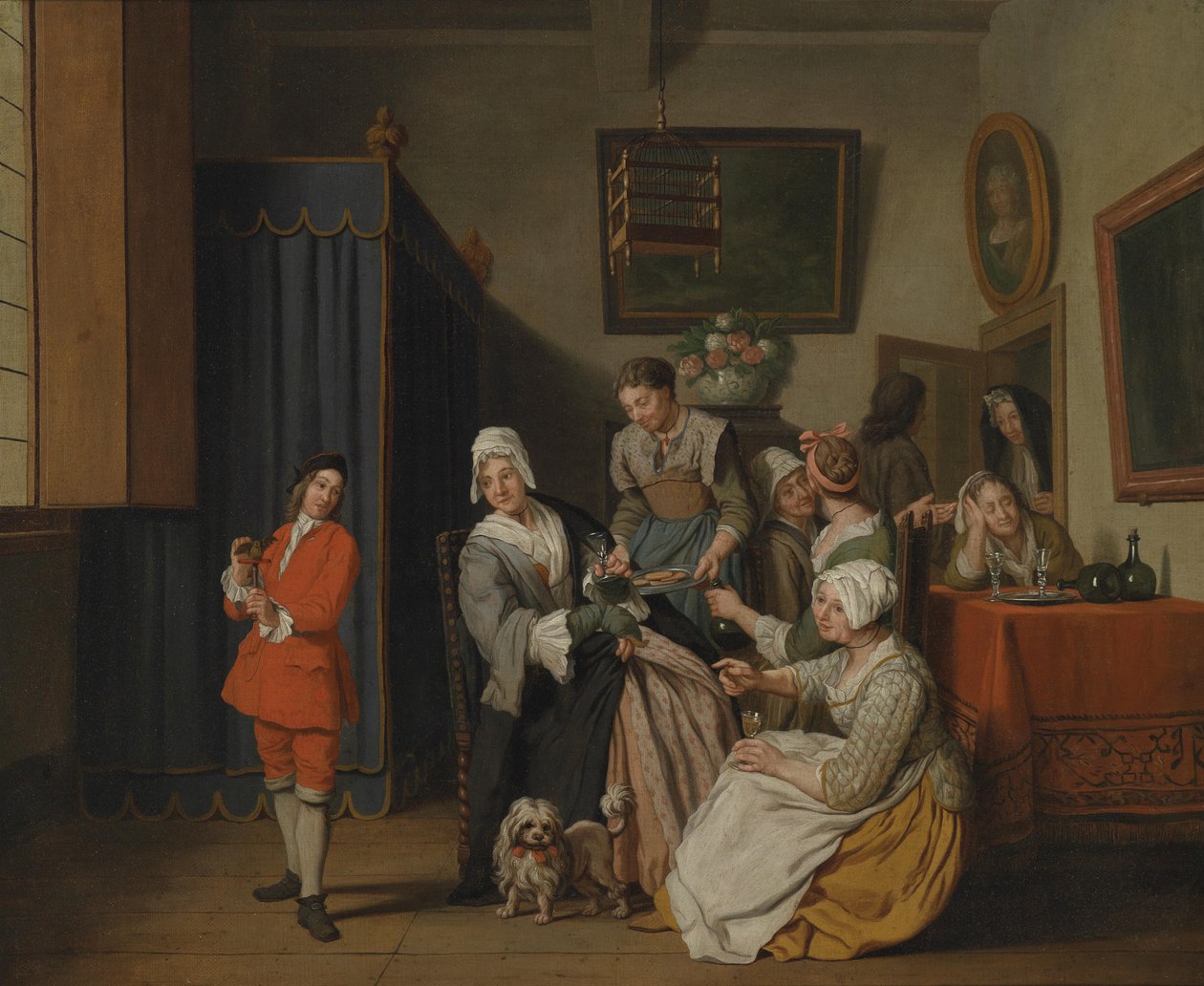 Bürgerliches Interieur mit zahlreichen Frauen und einem jungen Mann mit einem Vogel tekijältä Jan Josef Horemans II