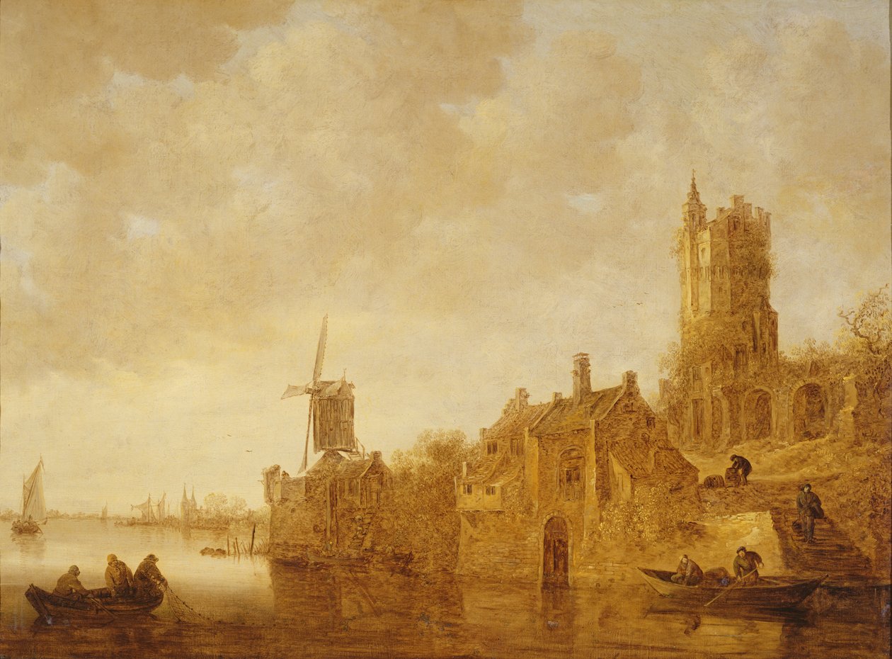 Jokimaisema tuulimyllyllä ja linnan raunioilla, 1644 tekijältä Jan Josephsz van Goyen