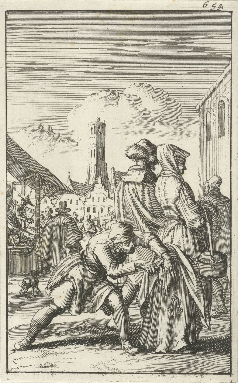 Nainen torilla, jolta ryöstetään kukkaro, 1685 tekijältä Jan Luyken