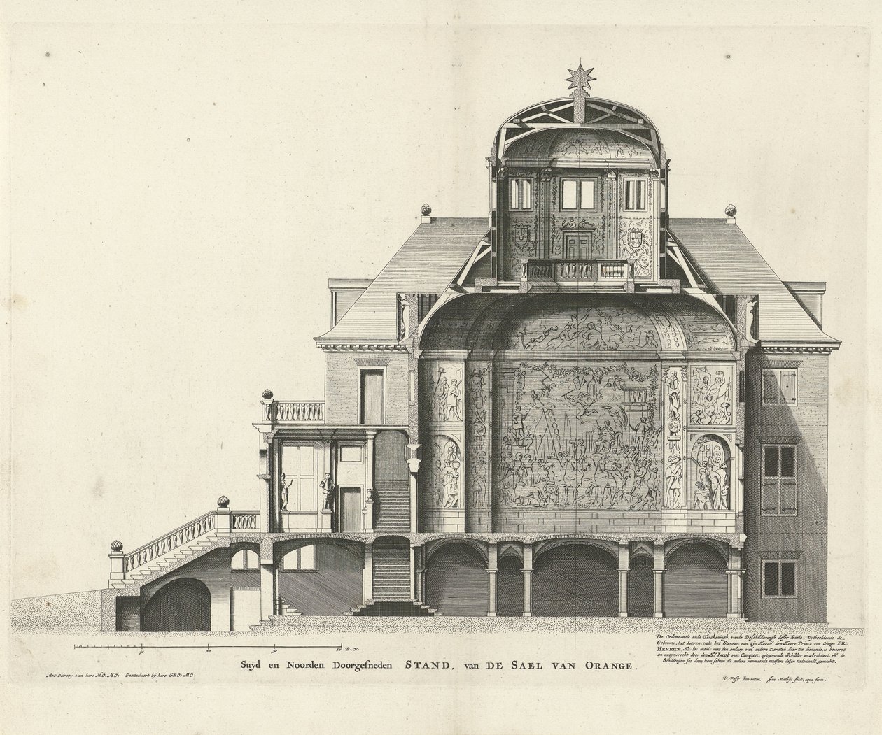 Jan Mattyszin tekemä poikkileikkaus Huis ten Boschista Pieter Janszin suunnitelman mukaan. Post, 1655 tekijältä Jan Matthysz.