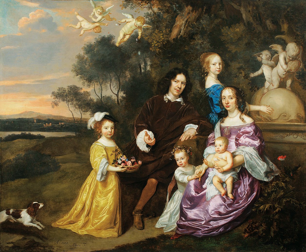 Muotokuva perheryhmästä koristesuihkulähteen luona pastoraalisessa maisemassa, 1663 tekijältä Jan Mytens or Mijtens