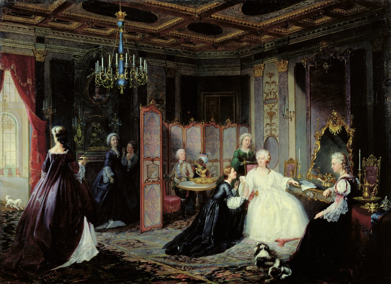 Keisarinna Katariina Suuri (1729-96) vastaanottaa kirjeen, 1861 tekijältä Jan Ostoja Mioduszewski