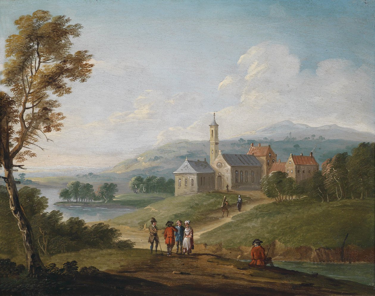 Flusslandschaft mit einem Dorf und Wanderern tekijältä Jan Pieter van Bredael