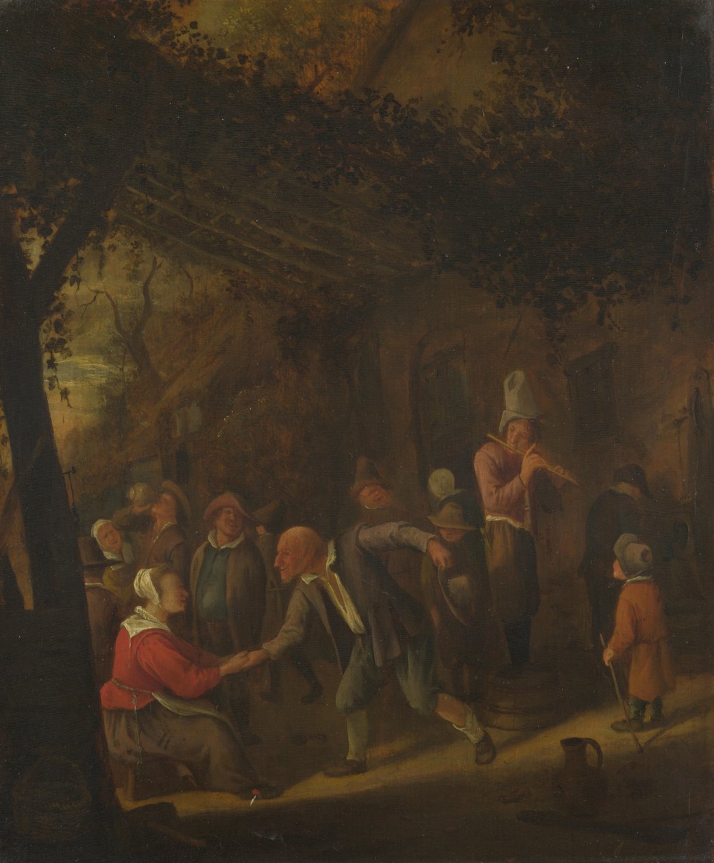Talonpojat iloitsevat majatalon ulkopuolella tekijältä Jan Havickszoon Steen