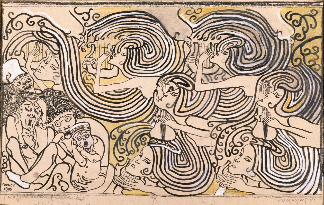 Haaksirikko, 1895 (mustetta ja värillistä liitua paperille) tekijältä Jan Toorop