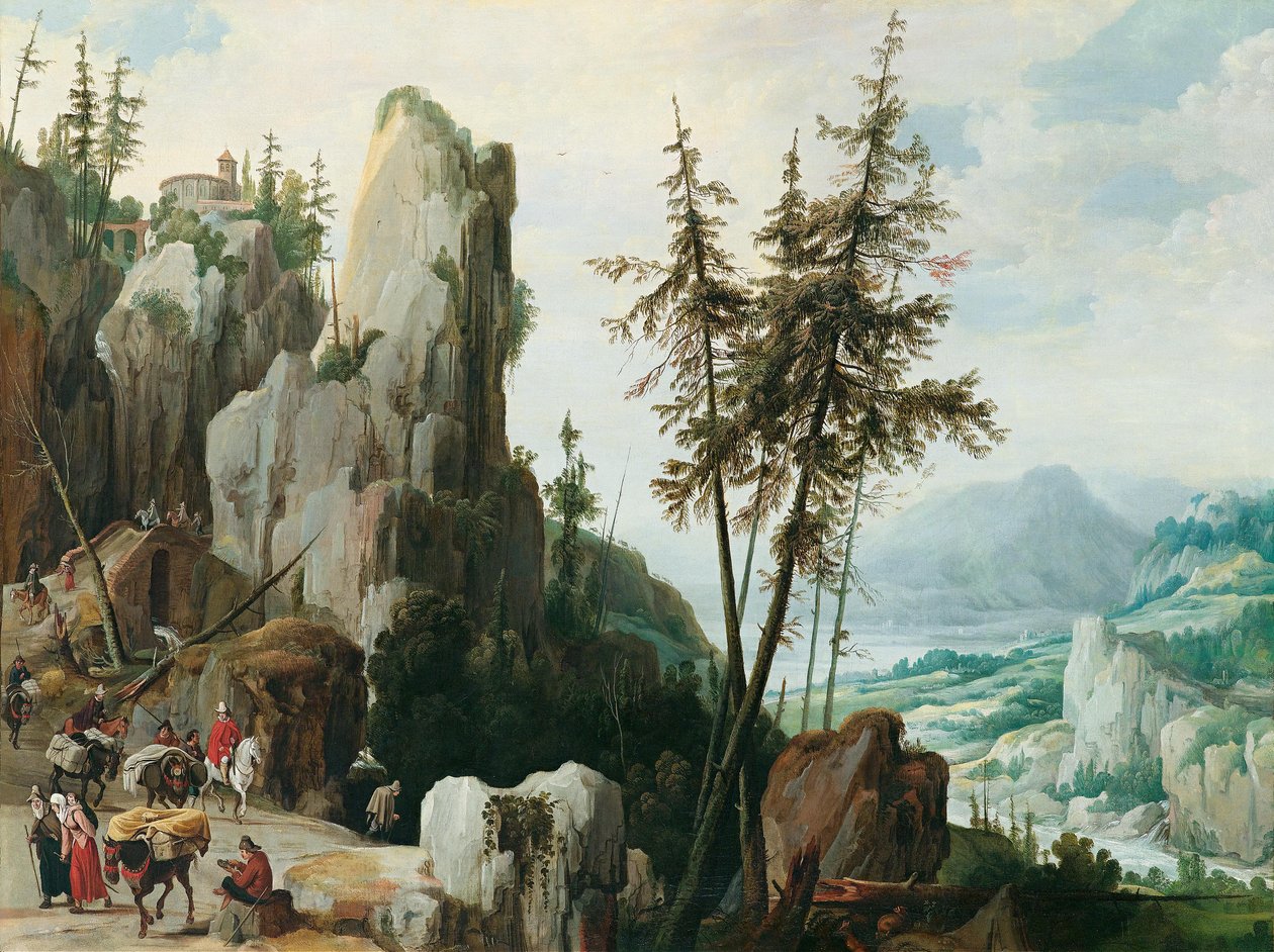 Felslandschaft mit Reisenden tekijältä Jan Tilens