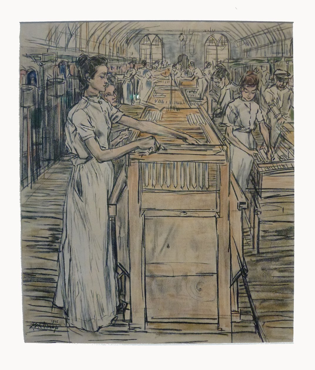 Afwerkerij 1 van de 12 lithos die Toorop maakte over de fabricage van kaarsenn tekijältä Jan Toorop