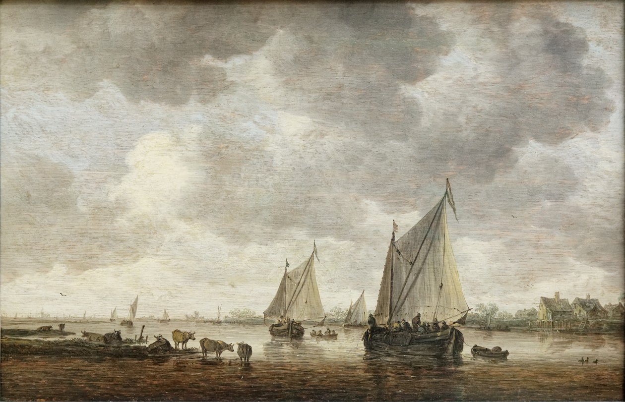 Deux grandes barques à voiles sur un fleuve et bestiaux près de la rive tekijältä Jan Josephsz van Goyen