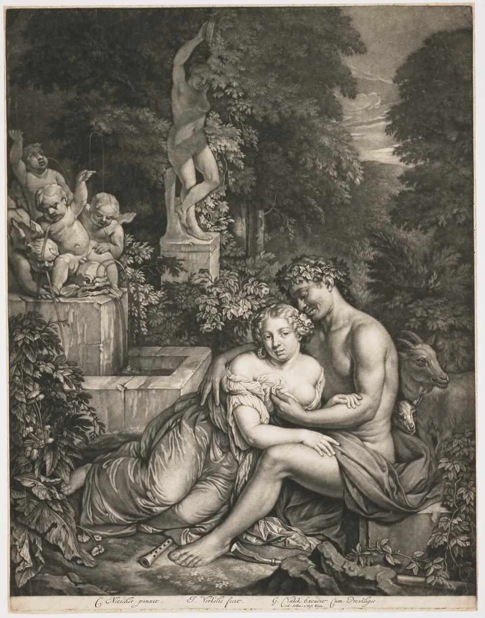 Pan ja Pomona, n. 1685 (mezzotint) tekijältä Jan Verkolje