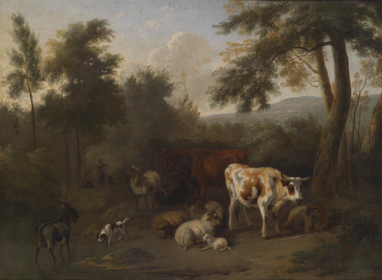 Bewaldete Landschaft mit lagerndem Vieh und Hirten tekijältä Jan Vermeer van Haarlem