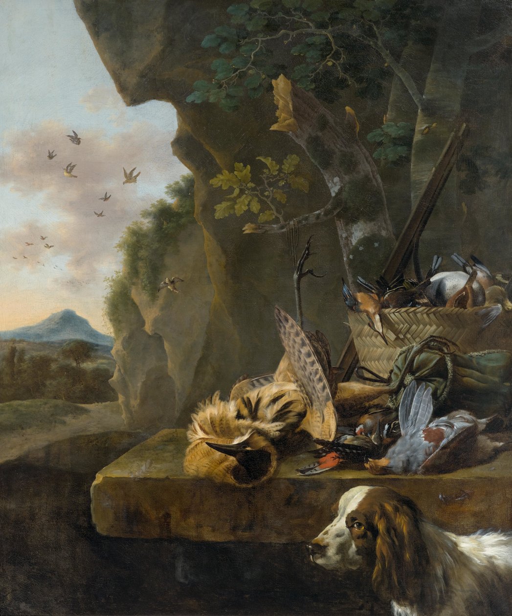 Metsästysstillelämää, jossa on katkeroita ja koira maisemassa tekijältä Jan Baptist Weenix