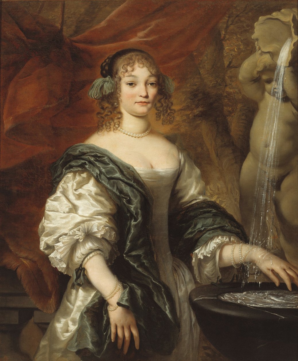 Portret van een jonge dame bij een fontein tekijältä Jan de Baen