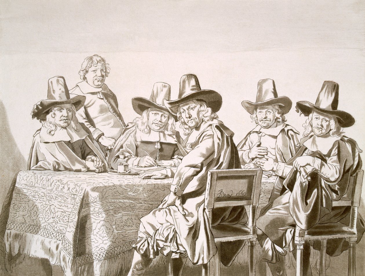 1700-luvun kaupungin arvovaltaisten tai vastaavien komitean kokous pöydän ääressä, vuodelta 1663. tekijältä Jan de Bray