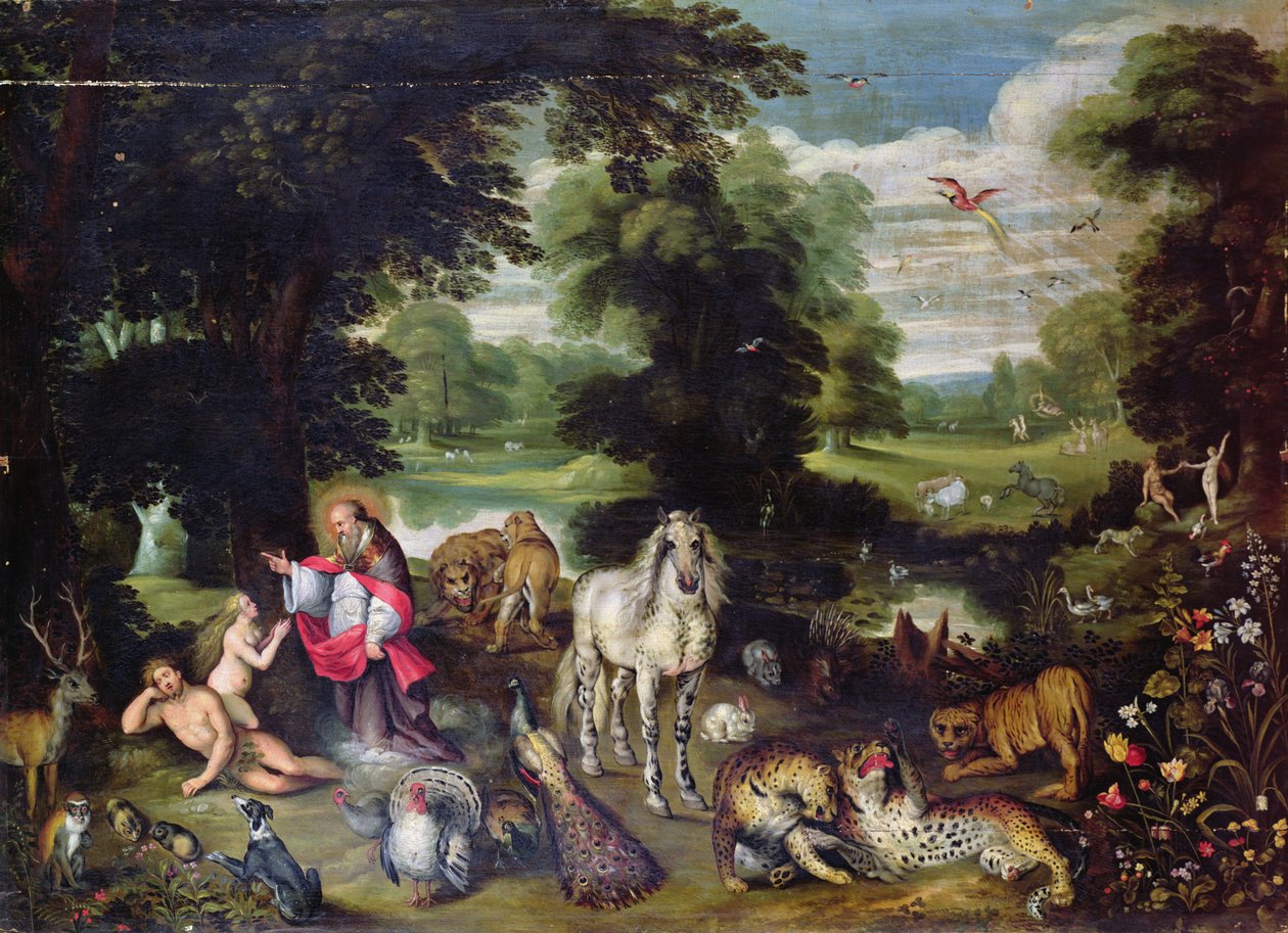 Aatami ja Eeva Jumalan kanssa Eedenin puutarhassa ja tarina syntiinlankeemuksesta. tekijältä Jan the Elder Brueghel
