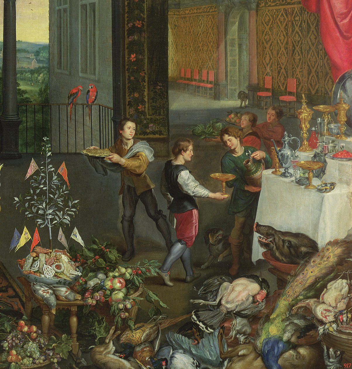 Makuallegoria, yksityiskohta viiniä tuovista tarjoilijoista, 1618 (61052 yksityiskohta) tekijältä Jan the Elder Brueghel