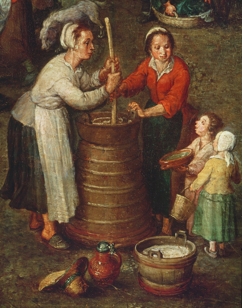 Maalaiselämää, yksityiskohta talonpoikaisista maitoa öljyä kankaalle tekijältä Jan the Elder Brueghel