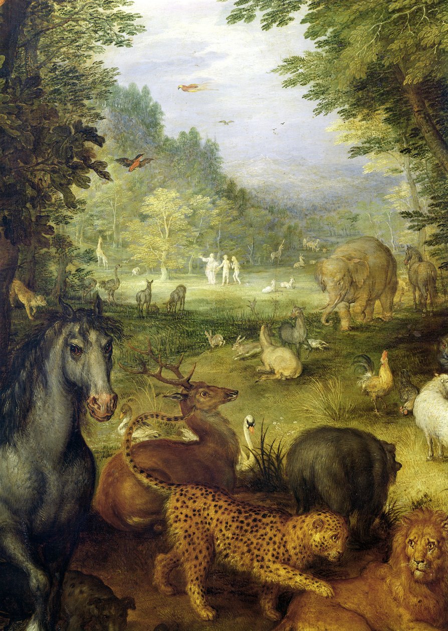 Earth, tai The Earthly Paradise, yksityiskohta eläimistä, 1607-08 (öljy kuparille) tekijältä Jan the Elder Brueghel