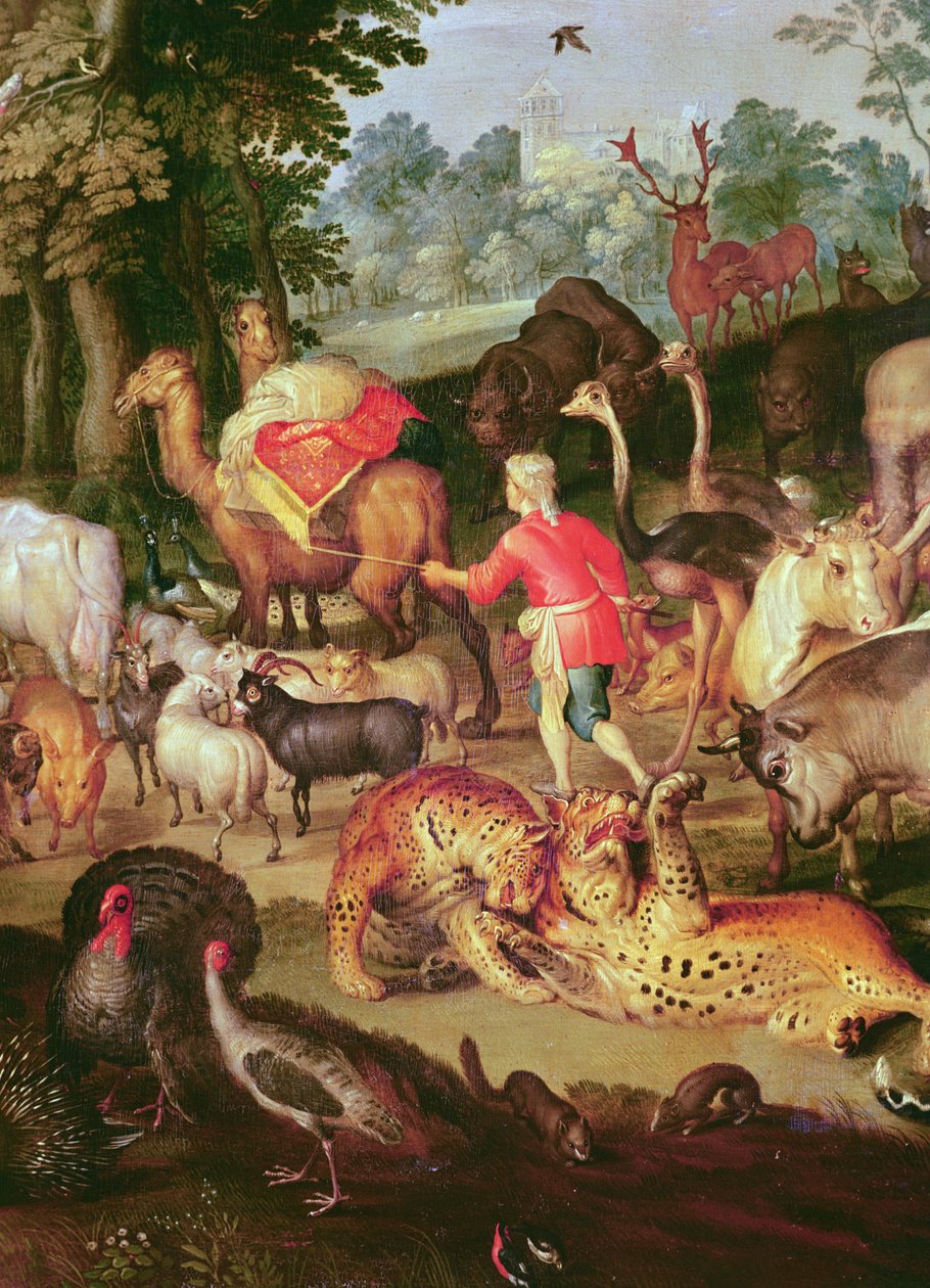 Maallinen paratiisi, yksityiskohta oikeasta osasta, eläimet pareittain öljy kankaalle tekijältä Jan the Elder Brueghel