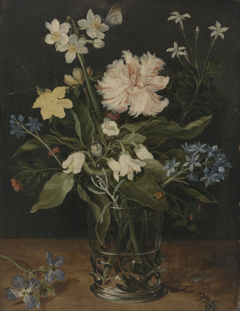 Tyyni elämä, jossa kukkia lasissa, 1630 (öljy kuparille). tekijältä Jan the Elder Brueghel