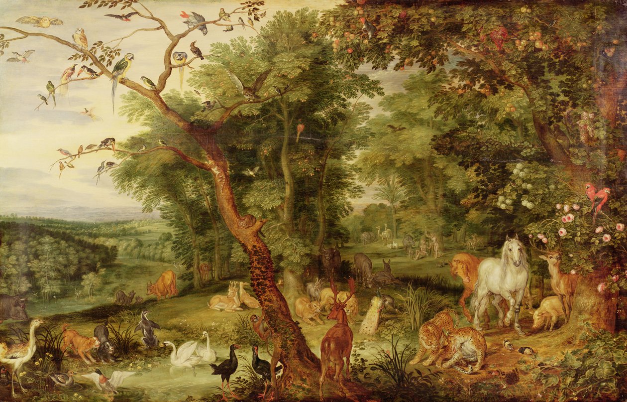 Eedenin puutarha; taustalla The Temptation (öljy tammipaneeliin) tekijältä Jan the Elder Brueghel