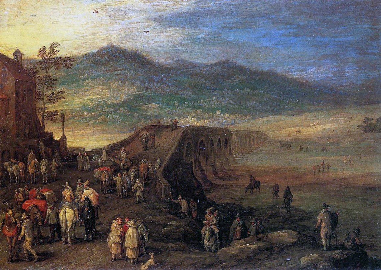 Matkailijat Talaveran sillalla, 1610 (öljy kuparille) tekijältä Jan the Elder Brueghel