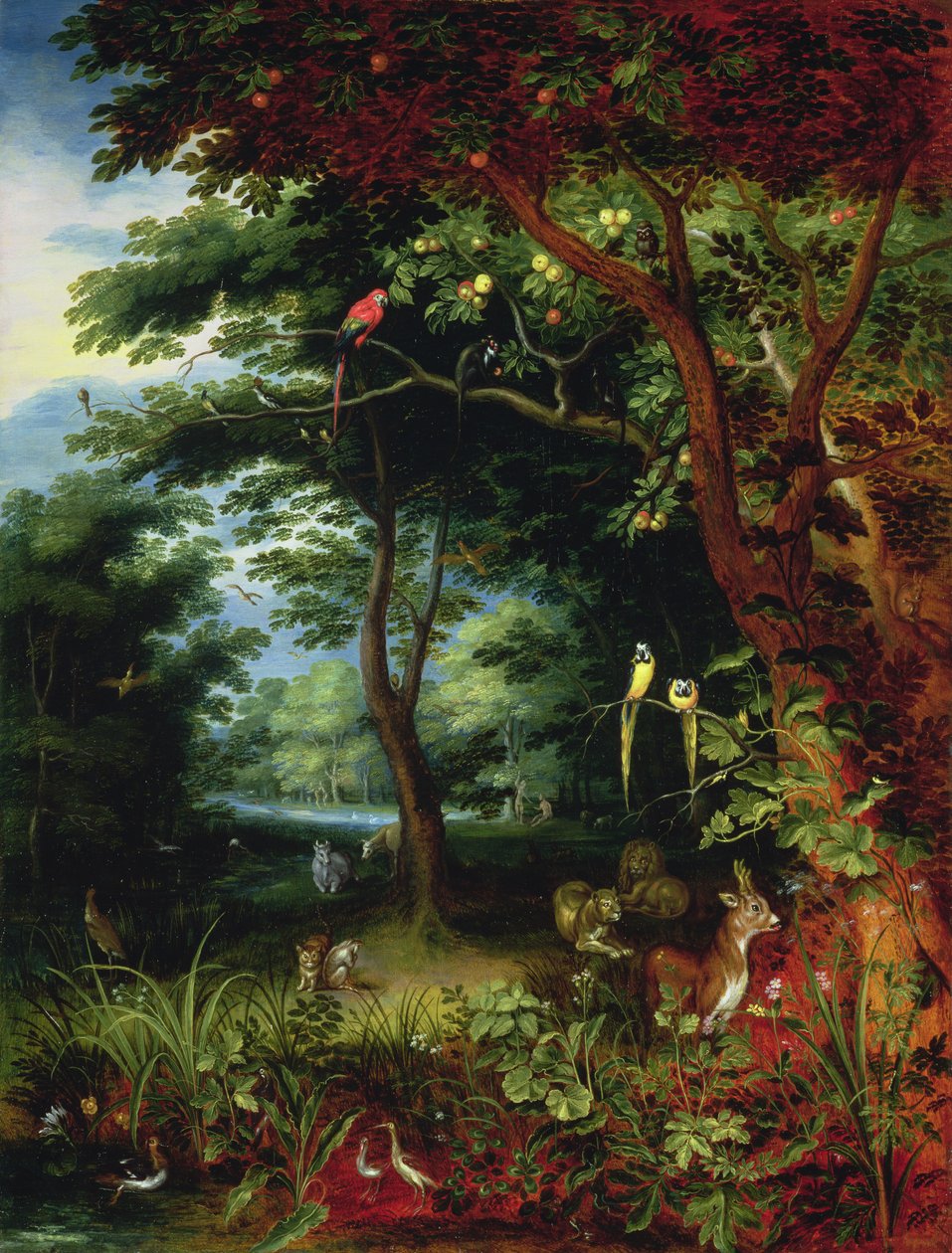 Paratiisikohtaus Aatamin ja Eevan kanssa (paneeli) tekijältä Jan Brueghel the Younger