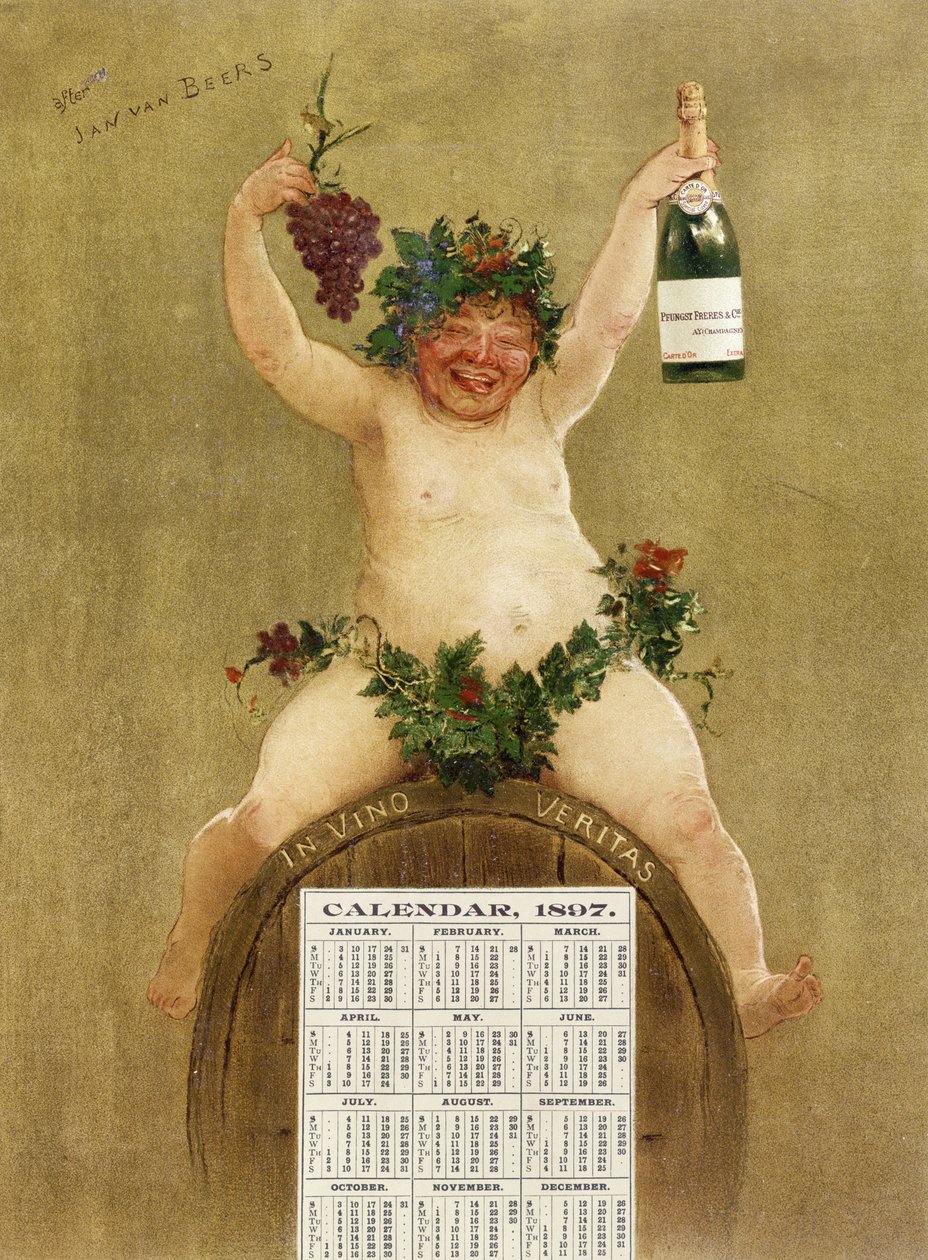 Pfungst Freres Champagnen mainoskalenteri, joka kuvaa Bacchusta istumassa tynnyrissä, jossa on teksti "In Vino Veritas", 1897 tekijältä Jan van Beers