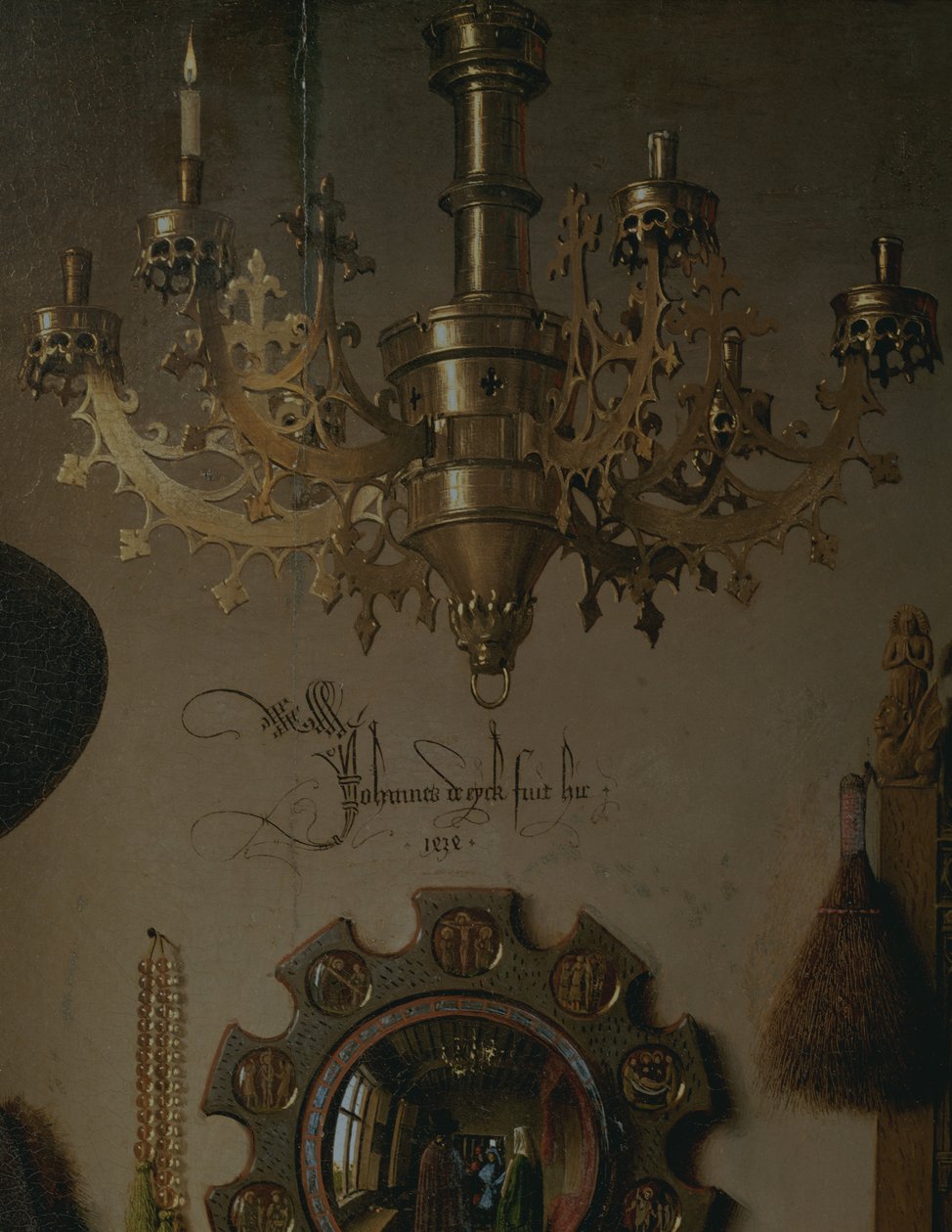 Giovannin muotokuva ? Arnolfini ja hänen vaimonsa Giovanna Cenami ? Arnolfinin avioliitto 1434 öljy paneelille yksityiskohta vuodelta 1765. tekijältä Jan van Eyck