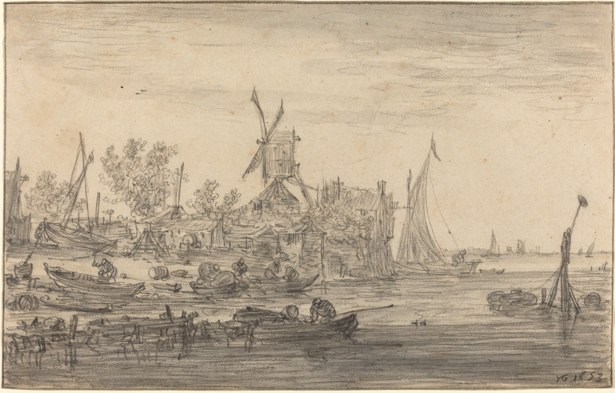 Foreshore Scene ja tuulimylly tekijältä Jan Josephsz van Goyen
