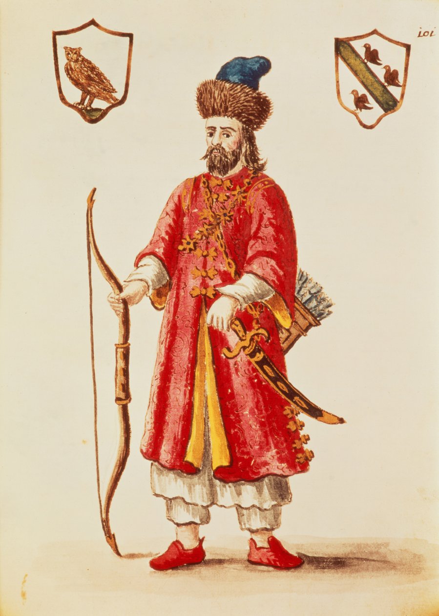 Marco Polo, pukeutunut tatariasuun, "Venetian Costumes" tekijältä Jan van Grevenbroeck