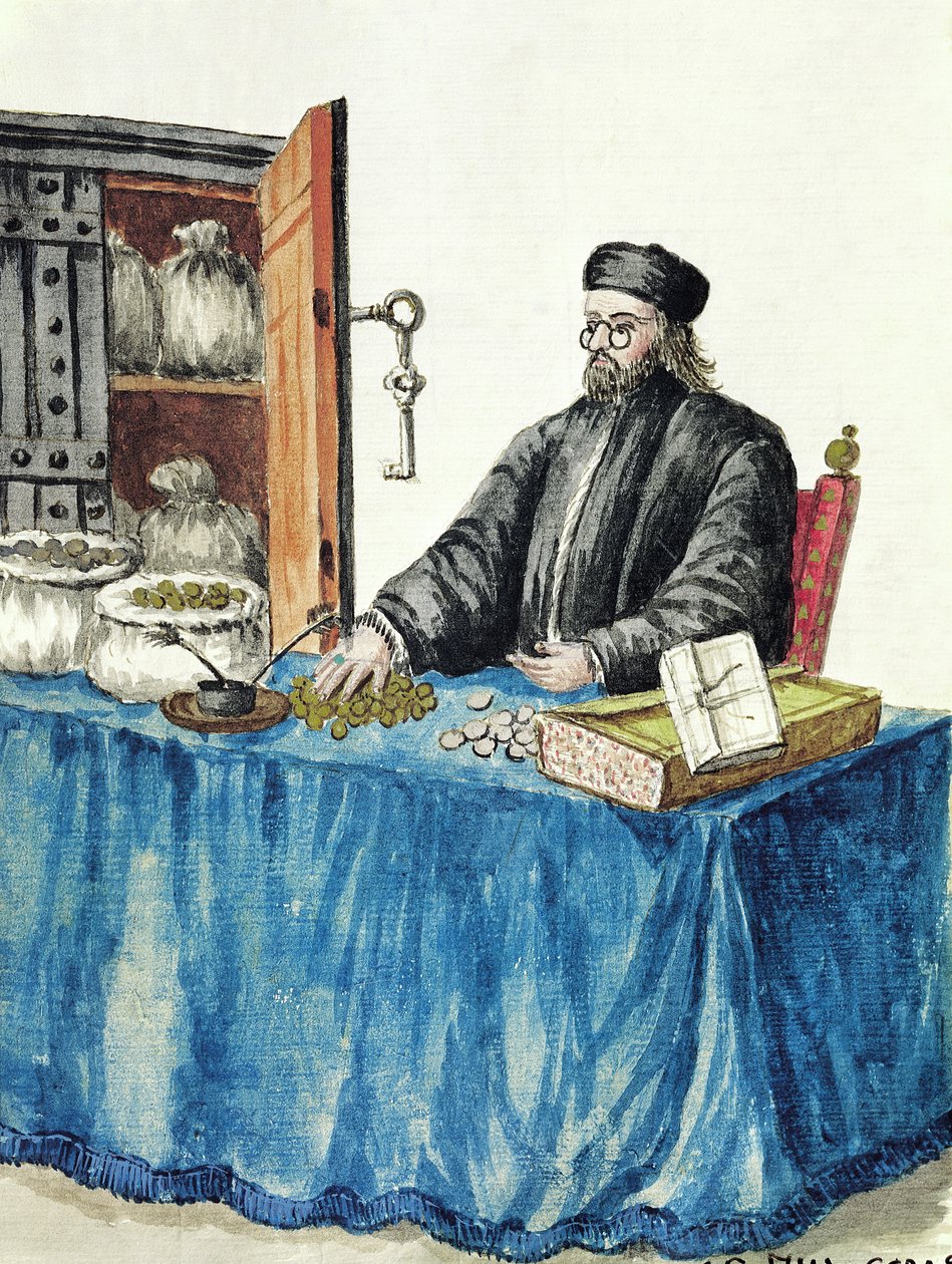 Venetian Moneylender, kuvitetusta pukukirjasta tekijältä Jan van Grevenbroeck