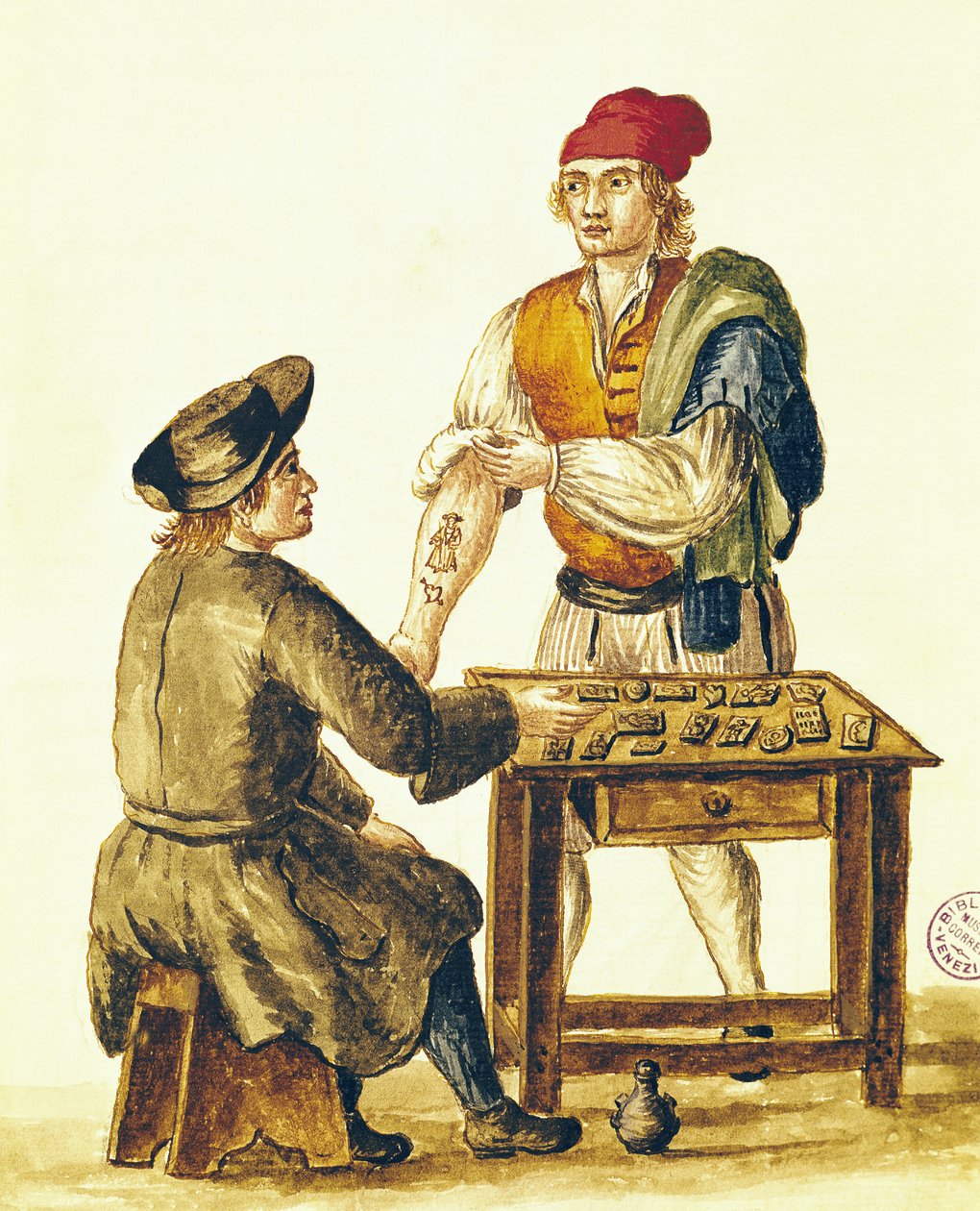 Venetian Tattooer (kynä, muste ja wc paperilla) tekijältä Jan van Grevenbroeck