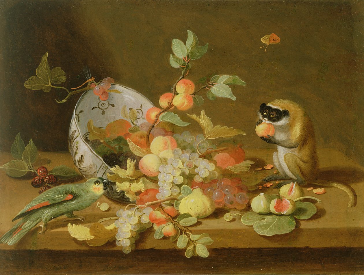 Kaatuneesta Delft-kulhosta vuotavat viinirypäleet ja persikat (öljy kuparilla) tekijältä Jan van Kessel the Elder