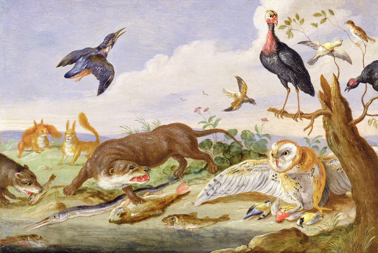 Saukko ja pöllö vartioivat saaliitaan (öljy kuparilla) tekijältä Jan van Kessel the Elder