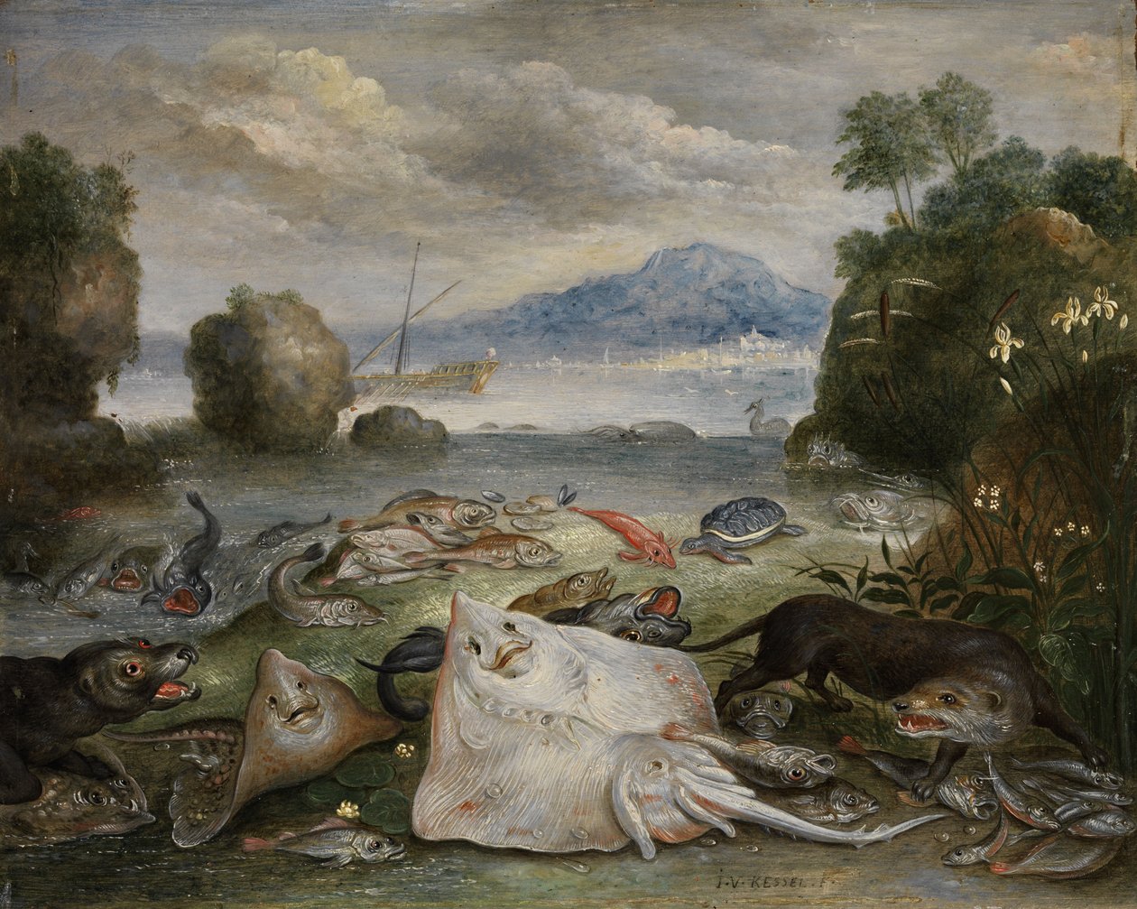 Meerestiere, Fische und Otter am Strand mit Blick auf eine Meeresbucht mit Segelschiff und Berg in der Ferne tekijältä Jan van Kessel the Elder