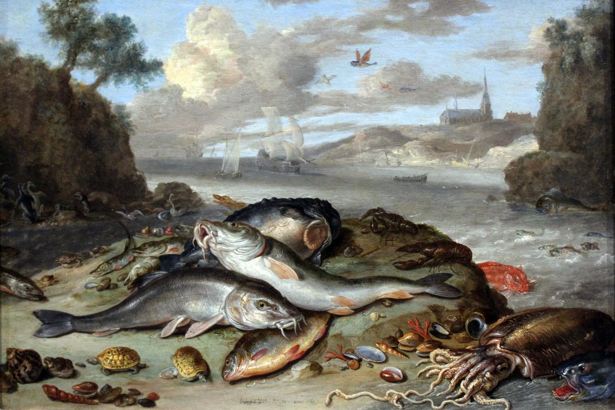 Stilleben mit Fischen und Meeresgetier in einer Küstenlandschaft tekijältä Jan van Kessel the Elder
