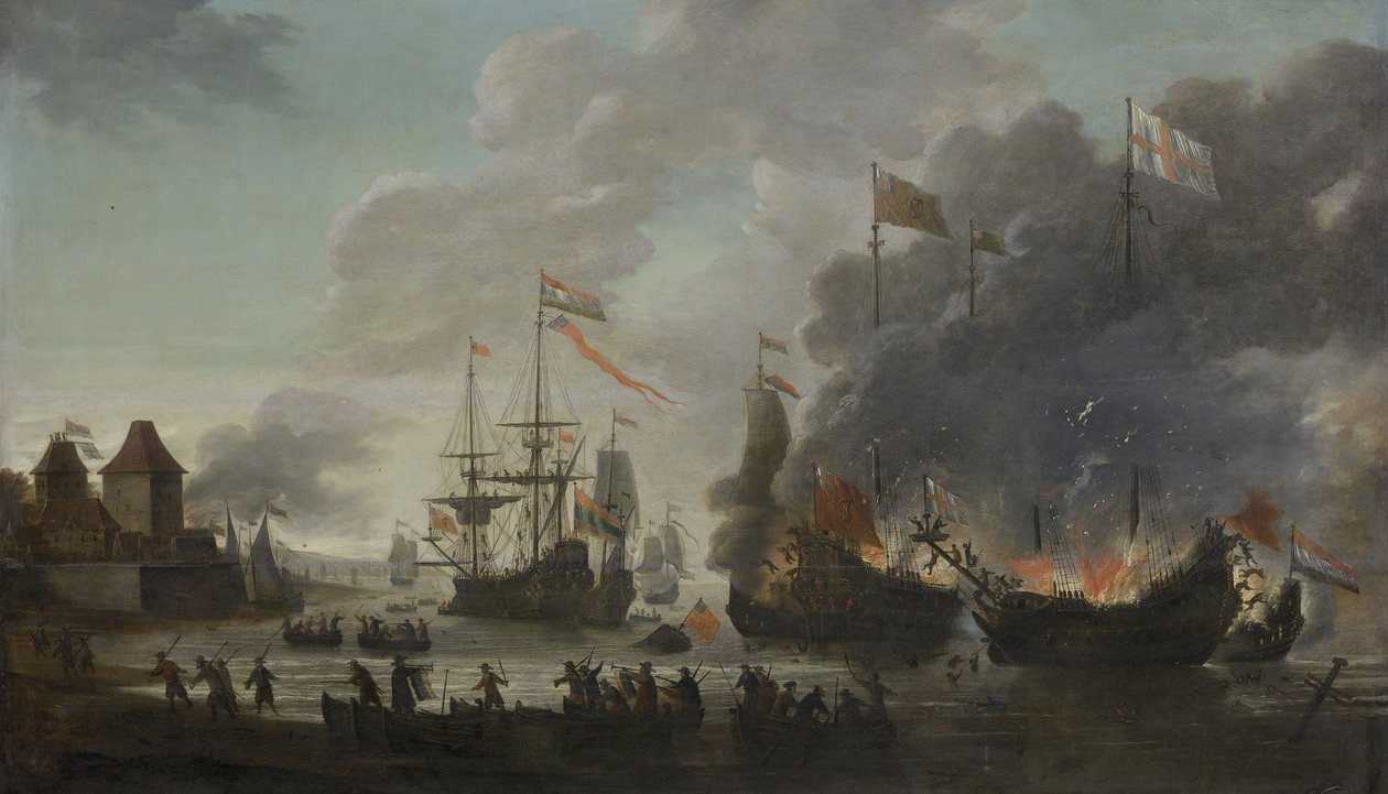 The Dutch Burn English Ships -matkalla Chathamiin, 20. kesäkuuta 1667 (Raid on the Medway), n. 1667 tekijältä Jan van Leyden