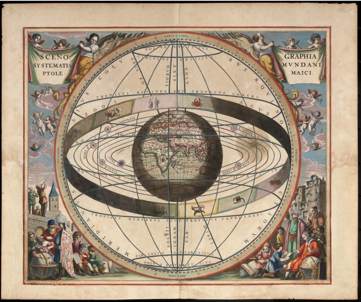 Kirjailija: Andreas Cellarius Harmonia Macrocosmica, 1660/61. Kaavio, joka esittää horoskooppimerkkejä ja aurinkokuntaa ja maailma keskellä. Levy 2 tekijältä Jan van Loon  