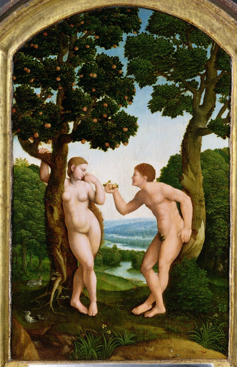 Aadam ja Eeva paratiisissa (tempera paneelissa) tekijältä Jan van Scorel