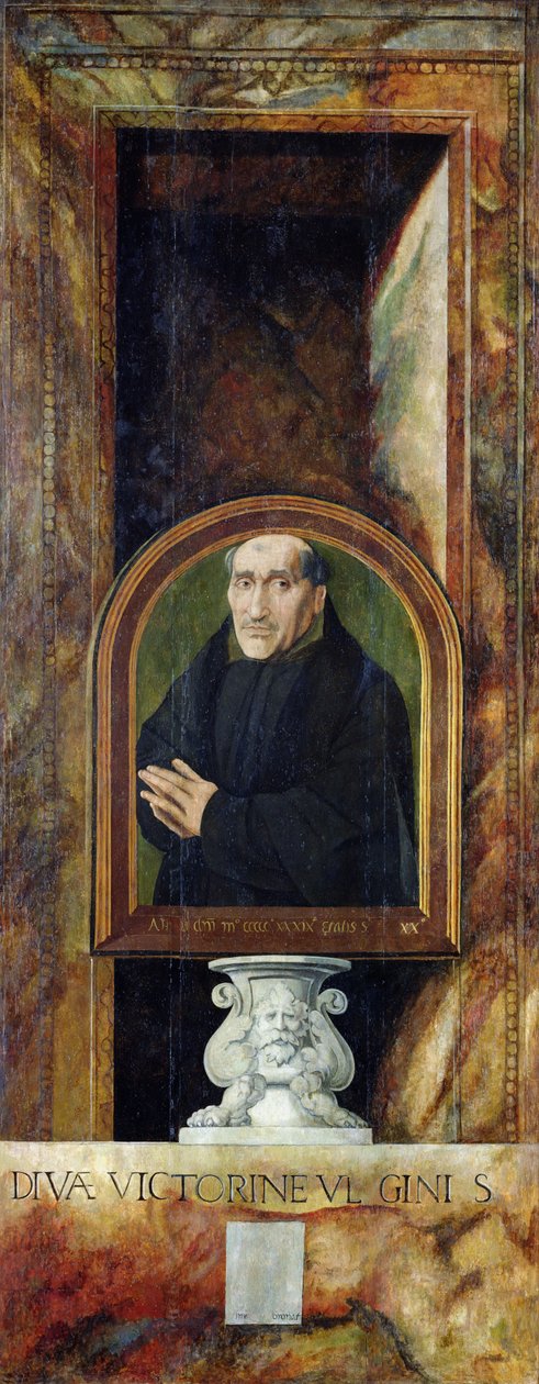 Marchiennesin apotin Jacques Coënen muotokuva Pyhän Ursulan ja yhdentoista tuhannen neitsyen triptyykin kääntöpuolella, noin 1539. tekijältä Jan van Scorel