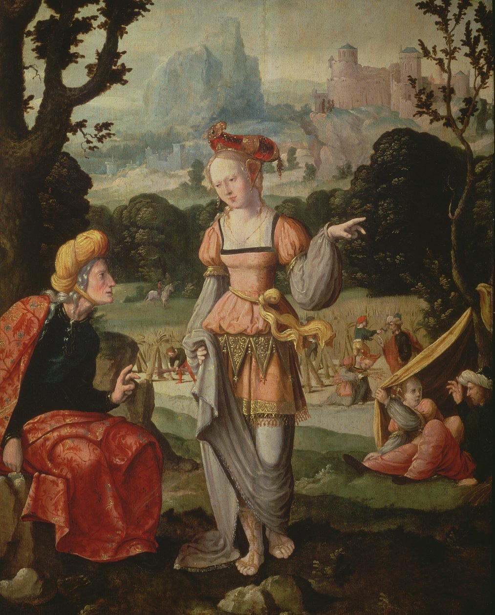 Ruth ja Noomi Boasin pellolla, n. 1530-40 (paneeli) tekijältä Jan van Scorel