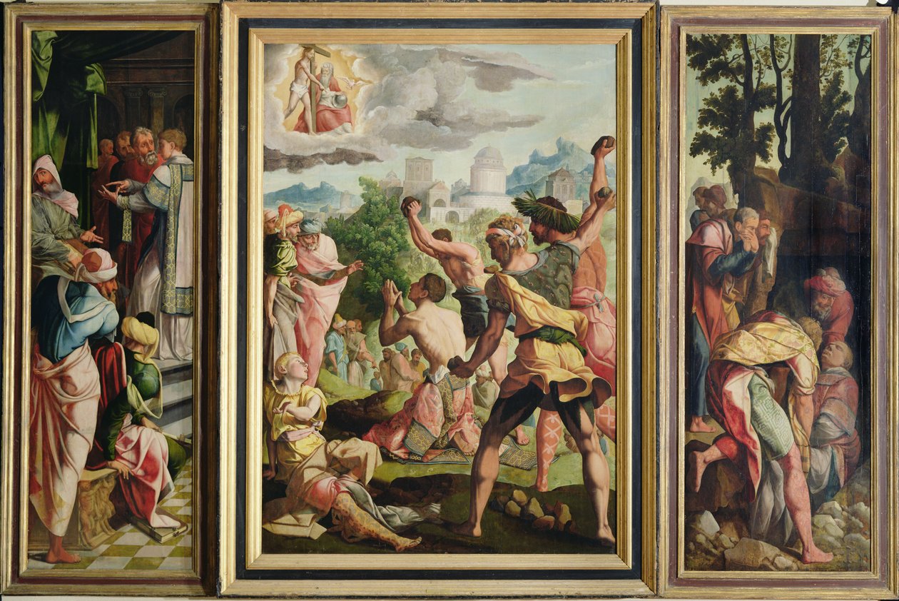 Pyhän Stefanoksen saarna, kivitys ja hautaus Pyhän Tapanin ja Pyhän Jaakob Suuren polyptyykistä, n. 1541 tekijältä Jan van Scorel