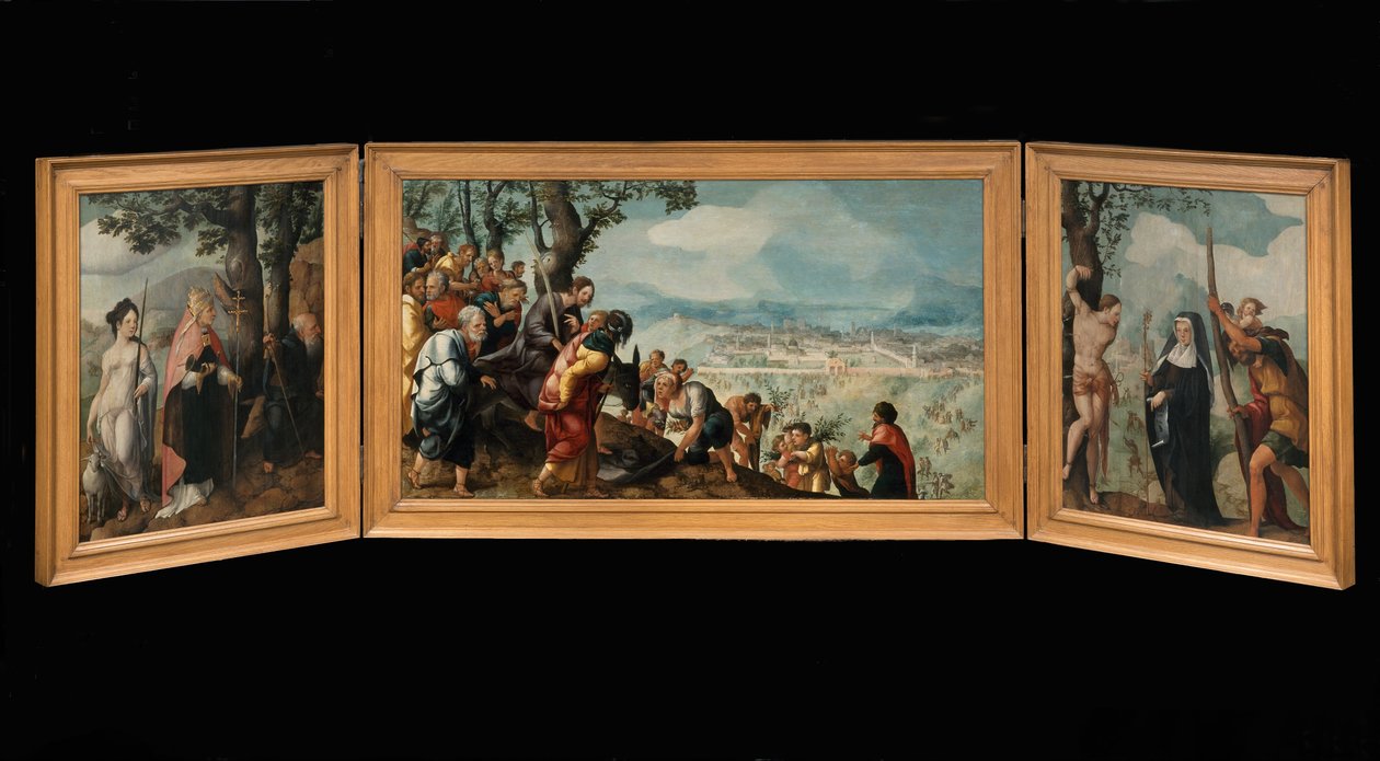 Triptyykki Kristuksen tulon kanssa Jerusalemiin, pyhät ja siipien ulkopuolella, Van Lokhorstin perheen suojelijat tekijältä Jan van Scorel