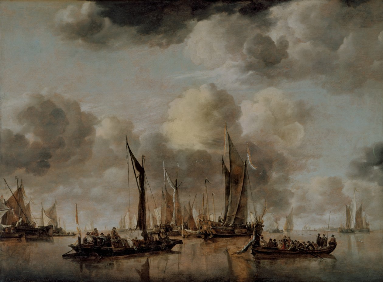 Hollantilainen jahti, joka ampui tervehdyksen proomun vetäytyessä, 1650 tekijältä Jan van de Capelle or Cappelle