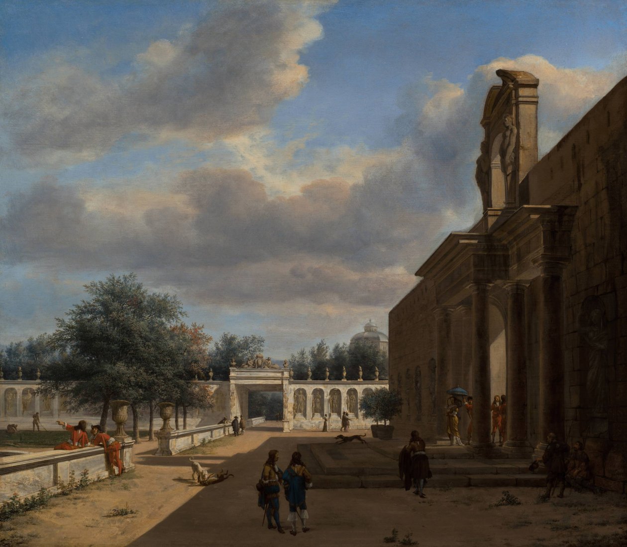Palatsipuutarha, jossa hahmoja nousee oikealla olevasta palatsista tekijältä Jan van der Heyden